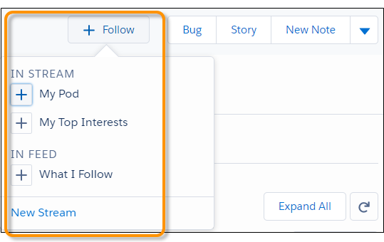 Menú Follow (Seguir) después de que un usuario haya creado una transmisión