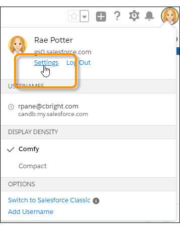 Link para suas configurações pessoais