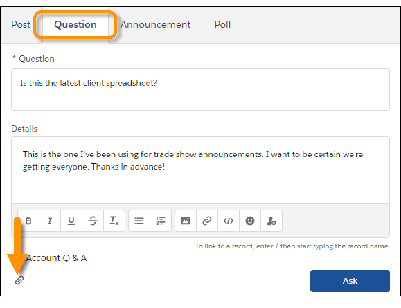 Ícone Anexar arquivos no editor do Chatter