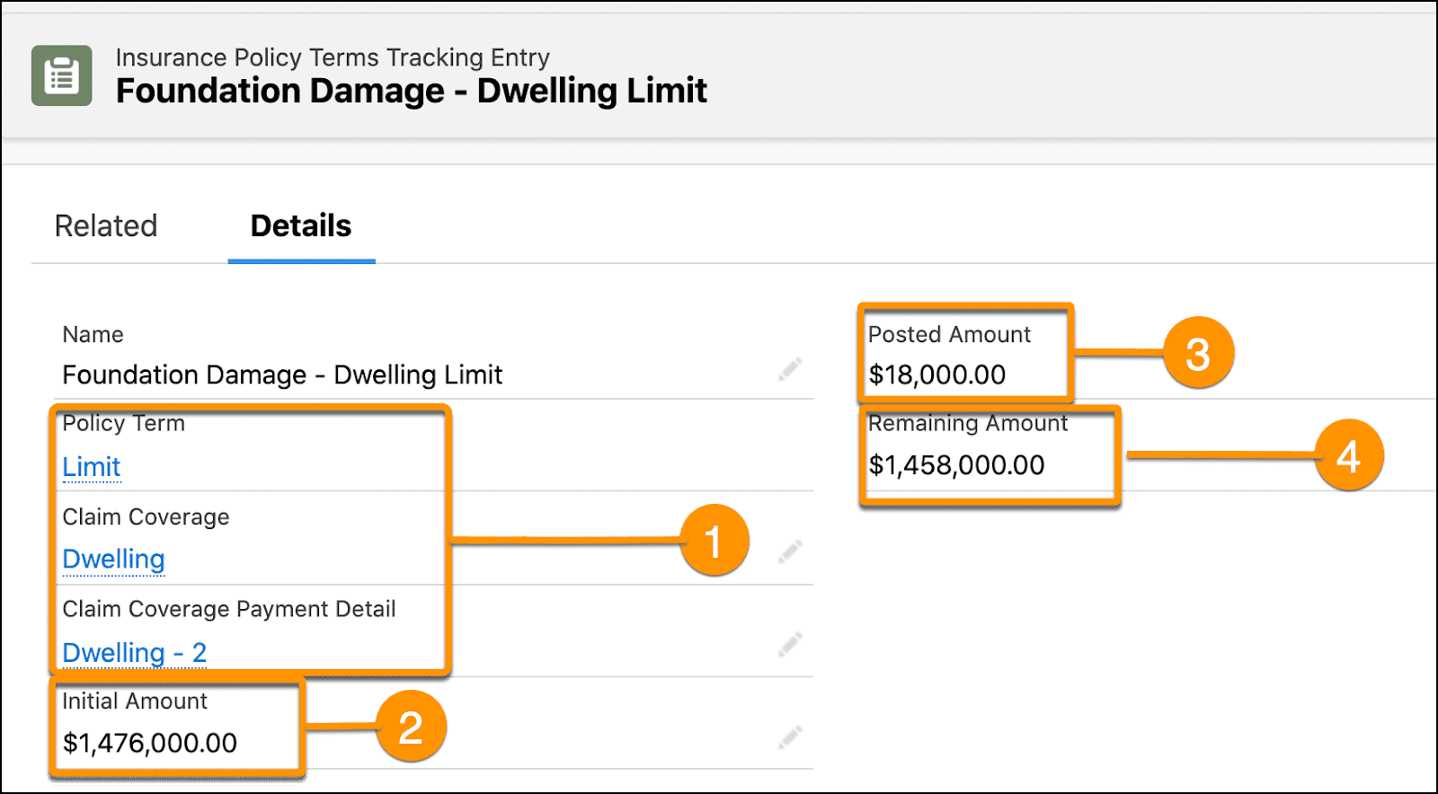 Insurance Policy Terms Tracking Entry record for Foundation Damage - Dwelling Limit reflecting the loss payment detail.