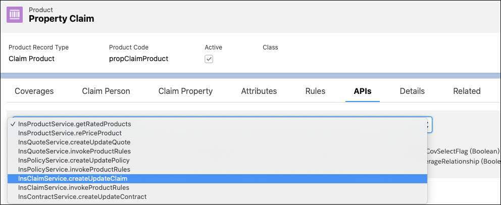 API tab of Property Claim claim product with the appropriate service selected from the dropdown.