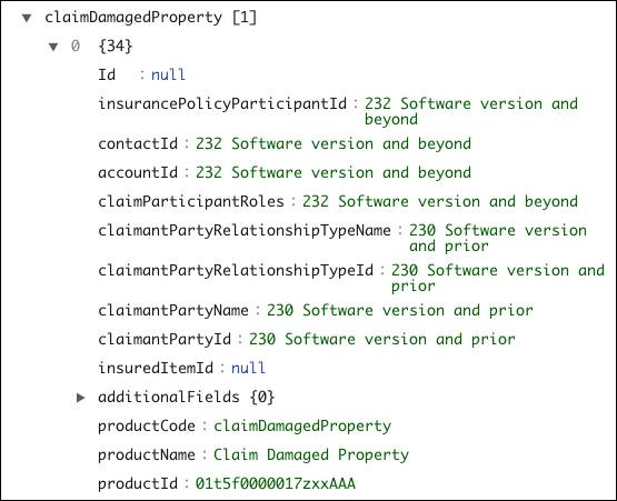 JSON array for claimDamagedProperty containing many properties.