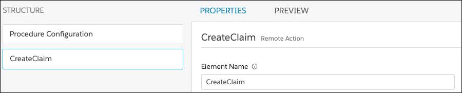 CreateClaim remote action placed below the procedure configuration step in a new Integration Procedure.