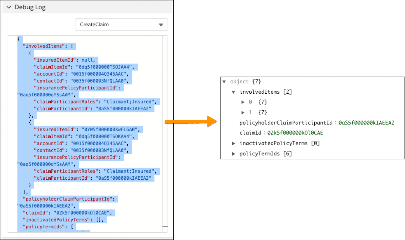 Arrow pointing from CreateClaim response data to simplified tree view in JSON editor.