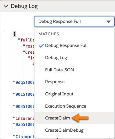 Arrow pointing to the CreateClaim response in the Debug Log.