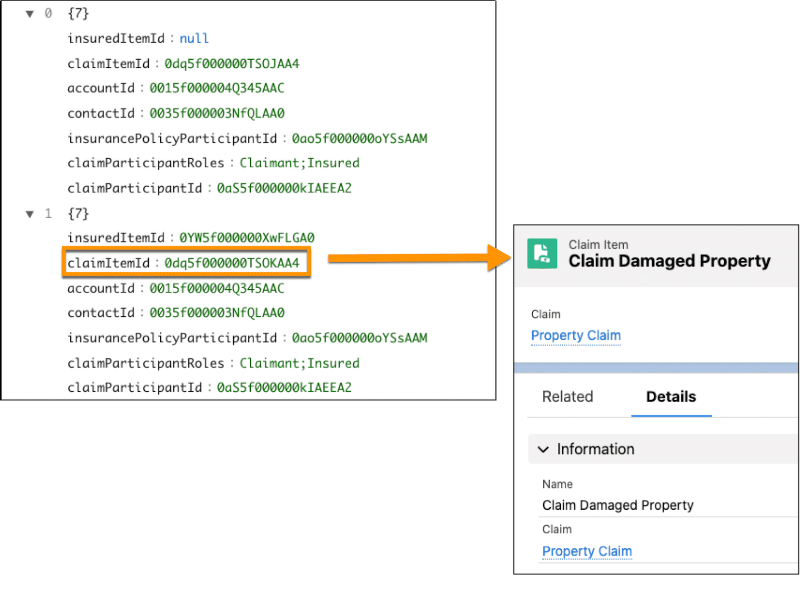 Arrow pointing from claimItemId in the output JSON to the new Claim Item record.