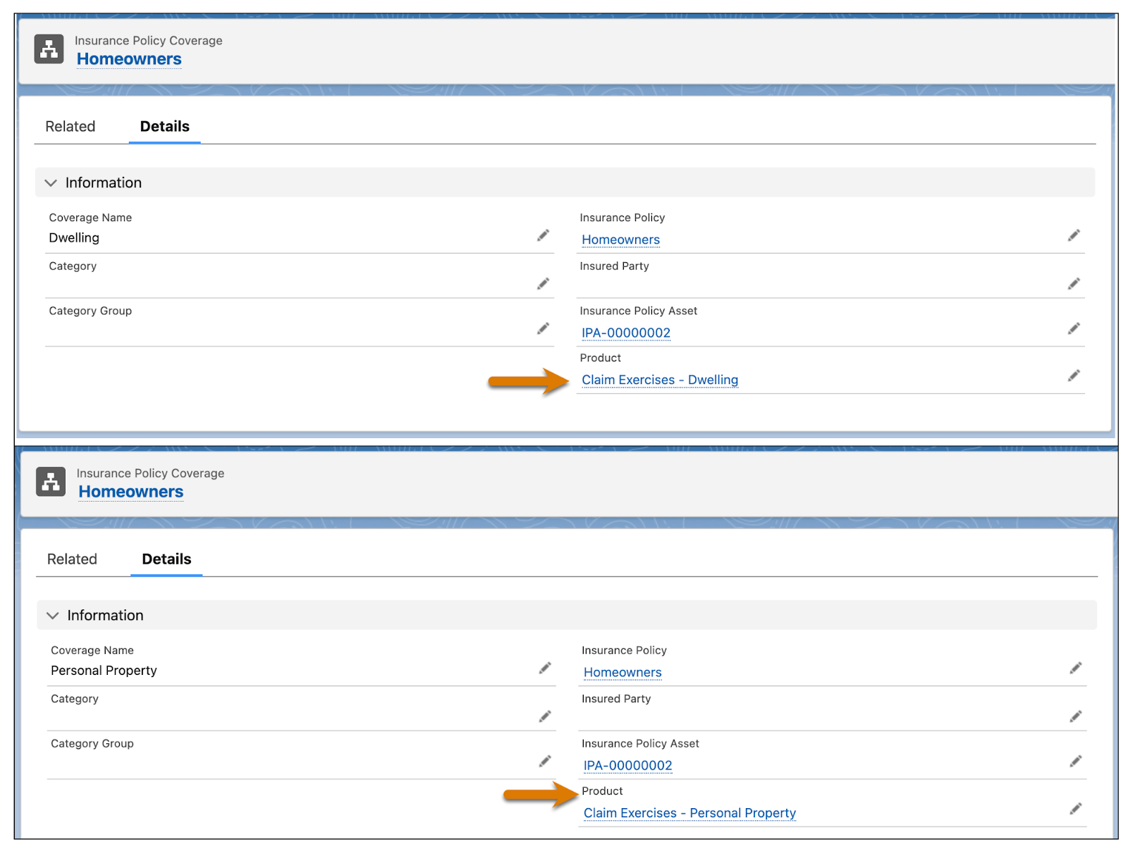 Two insurance policy coverage records–Dwelling and Personal Property–with arrows pointing to their corresponding coverage spec.