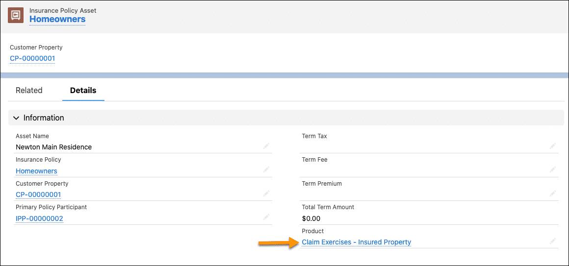 The Homeowners insurance policy asset record with an arrow pointing to the Insured Property insured item spec.