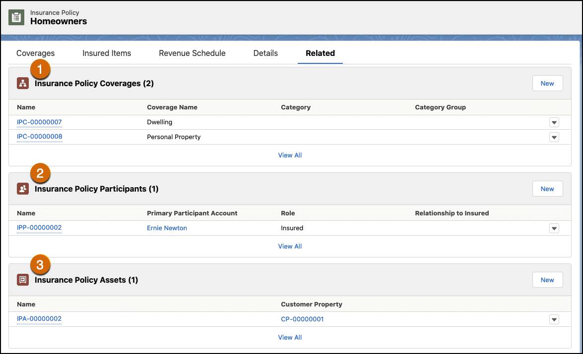 Related records tab of Homeowners policy with insurance policy coverages, participants, and assets listed.