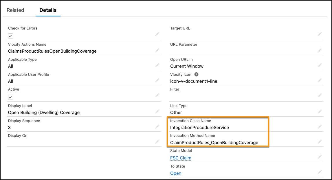 Details tab of action with the Class and Method of the Integration Procedure referenced.