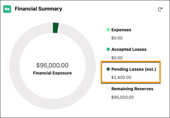 Financial Summary chart updates to reflect the pending losses on the new loss item.