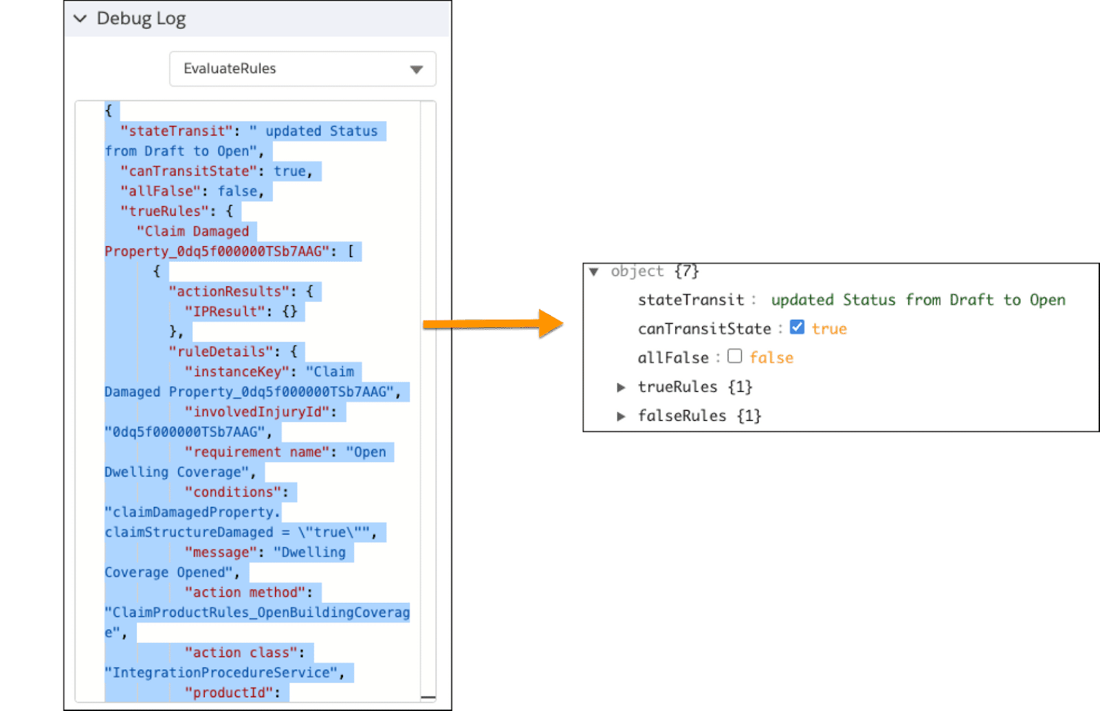 Data from EvaluateRules debug log is cleaned up in JSON viewer.