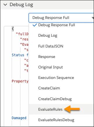 Debug log with the EvaluateRules action highlighted.