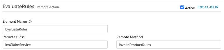 EvaluateRules remote action that calls the invokeProductRules service.