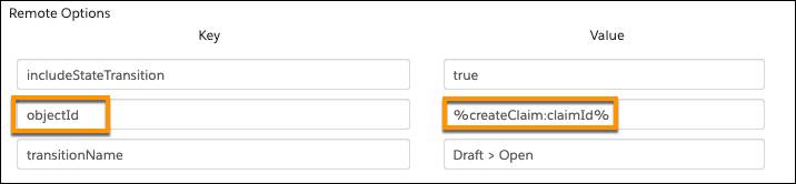 Path of claimId from previous remote action is referenced as objectId for the service.