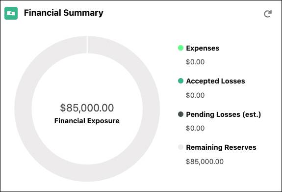 Financial Summary chart for the claim with the remaining reserves set at $85,000.