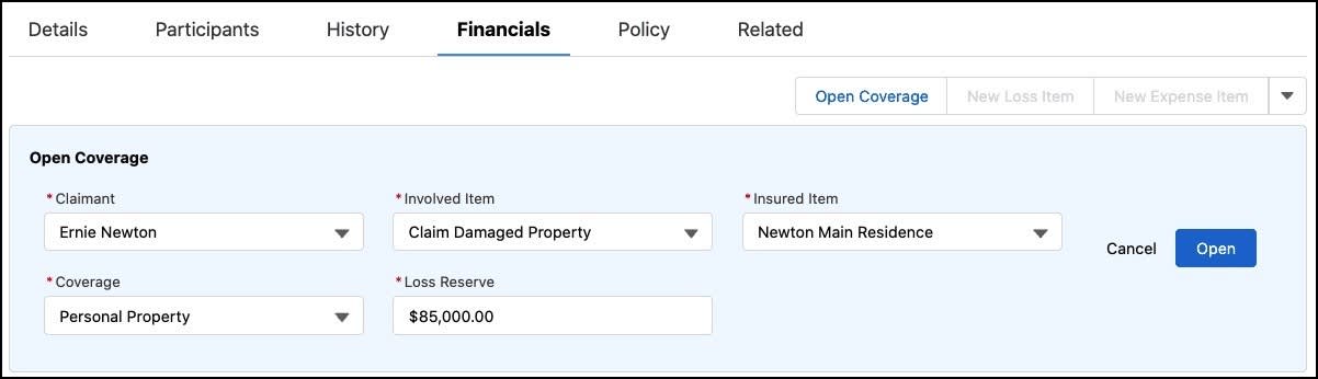 Open Coverage module with details specified for a personal property claim.