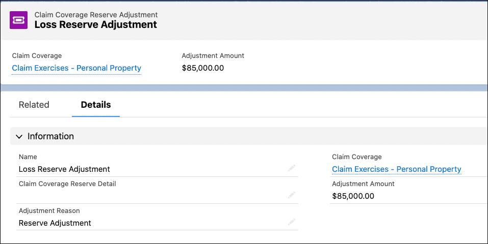 Claim Coverage Reserve Adjustment record lists adjustment amount and links to claim coverage.