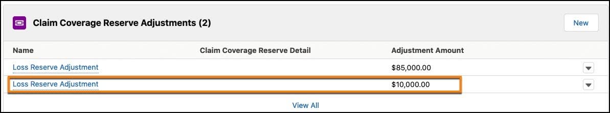 New loss reserve adjustment record appears on the reserve adjustments related list.