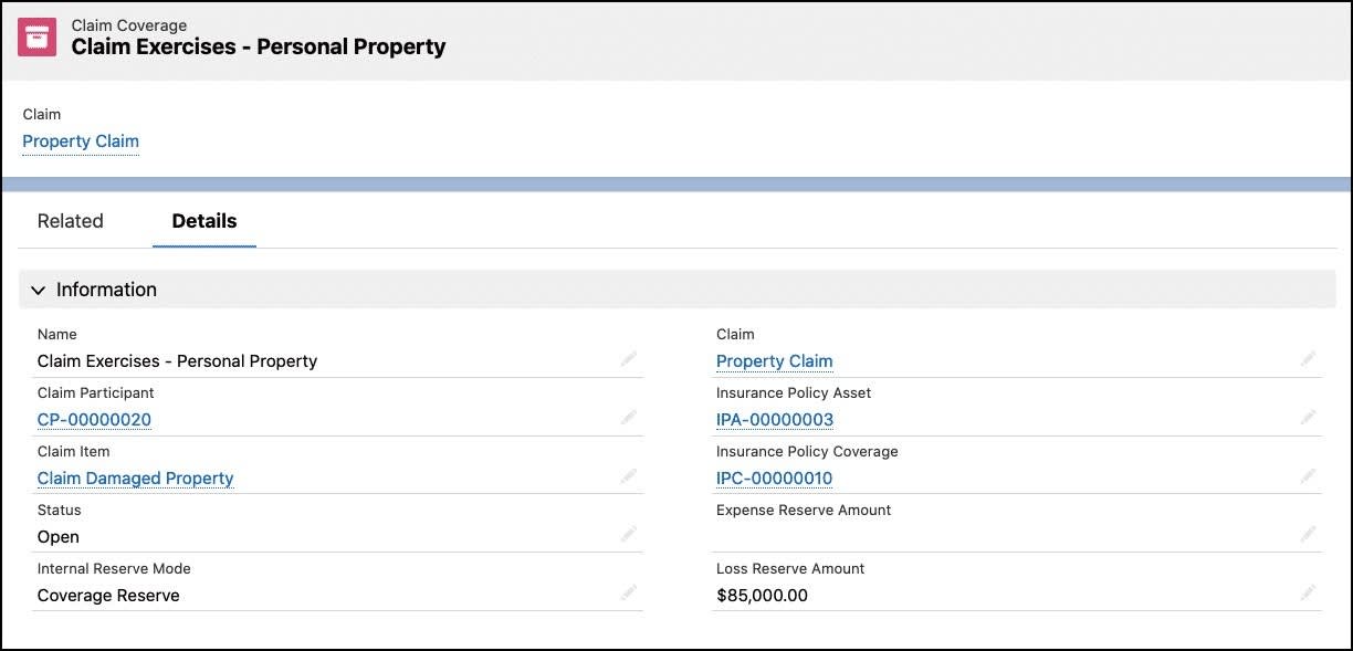 Details tab of the claim coverage record for the personal property coverage.