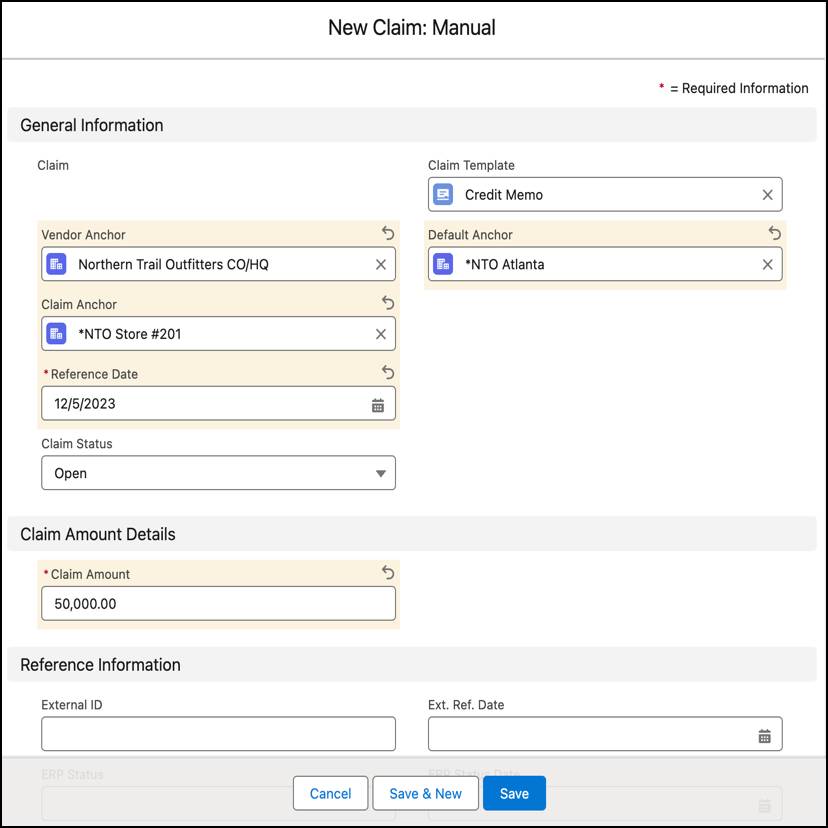 The New Claim: Manual window showing the options to create a claim.