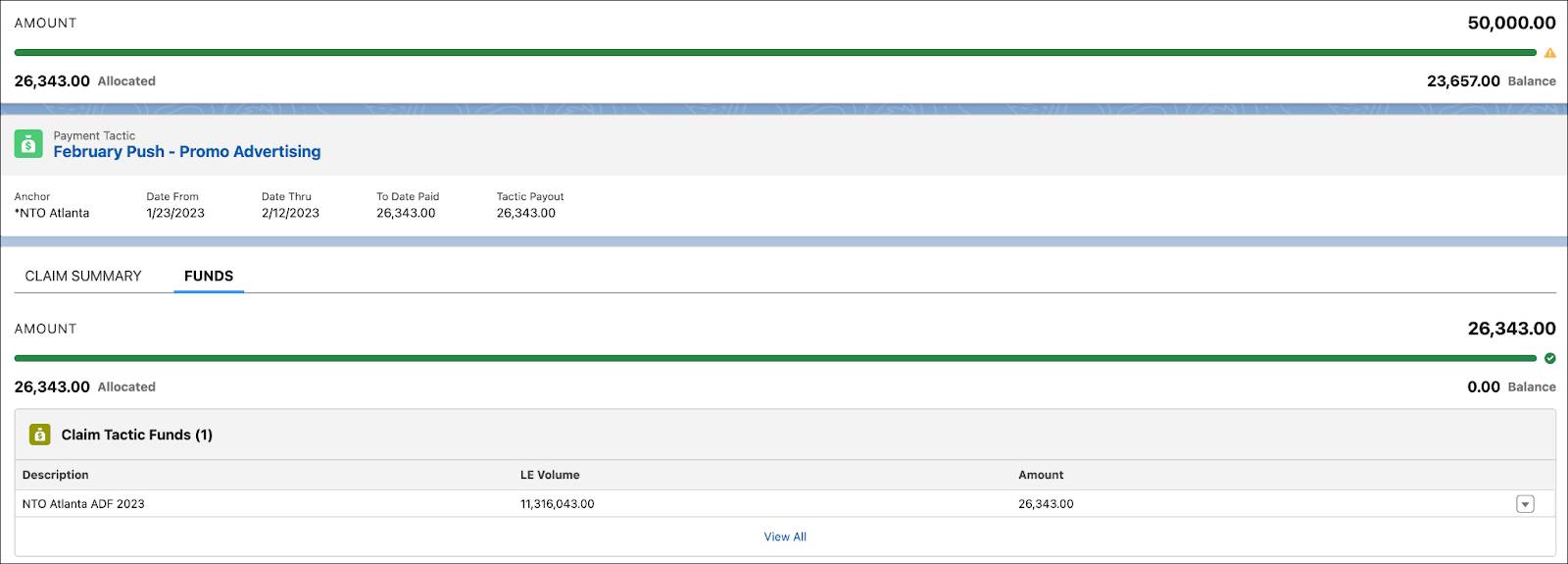 The Claim Tactic Funds related list showing the details of a claim tactic fund.