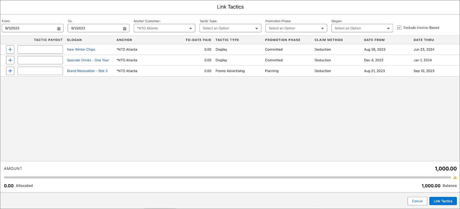 The Link Tactics window showing the options to create claim tactics.