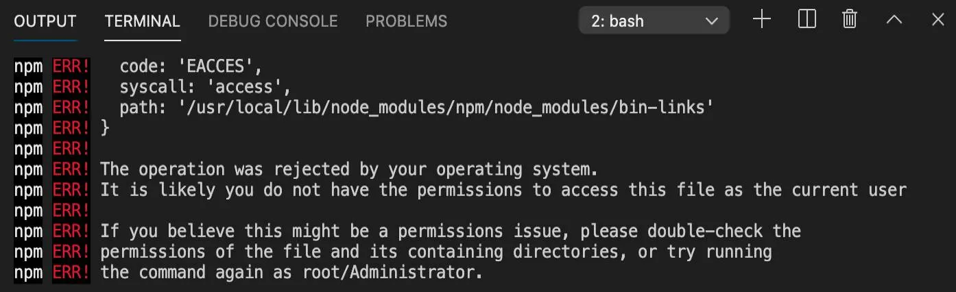 Command-line interface npm error message stating the operation was rejected due to the user not having permissions to access the file. Try running the command as root/Administrator.