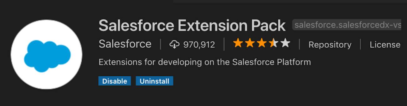 Kopfzeileninformationen des Salesforce Extension Pack mit Angaben zur Anzahl der Downloads, Sternebewertung und der Kurzbeschreibung: 'Extensions for developing on the Salesforce Platform (Erweiterungen für die Entwicklung auf der Salesforce Platform)'.