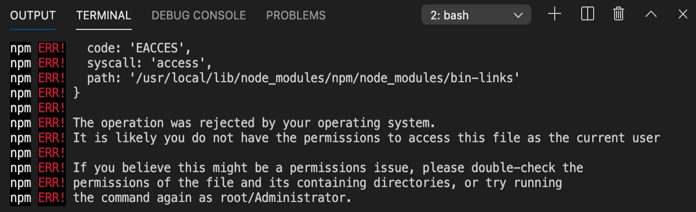 Mensaje de error de npm de la interfaz de la línea de comandos que indica que la operación se rechazó porque el usuario no tiene permiso para acceder al archivo. Pruebe ejecutar el comando como root/Administrator.