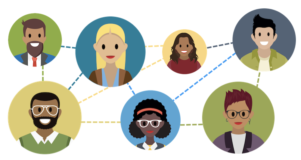 A network illustration of headshots connected to each other with dotted lines.