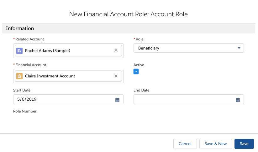 Screenshot of creating a new Financial Account Role: Contact Role page, where Rachel Adams has been set up in the beneficiary role for Nigel’s Investment Account