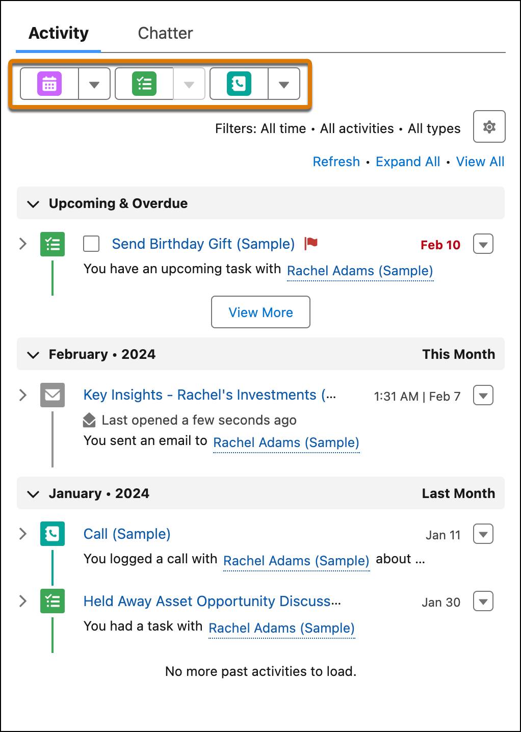 Rachel Adams client profile showing Activity with New Task and Log a Call highlighted