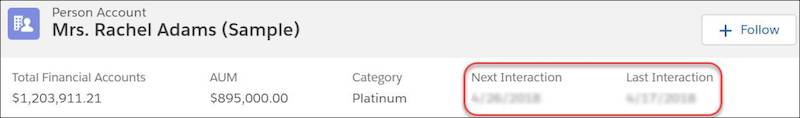 Rachel Adams client profile with Next Interaction and Last Interaction highlighted