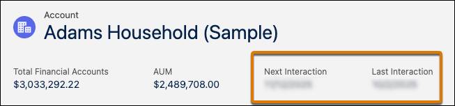 Rachel Adams client profile with Next Interaction and Last Interaction highlighted
