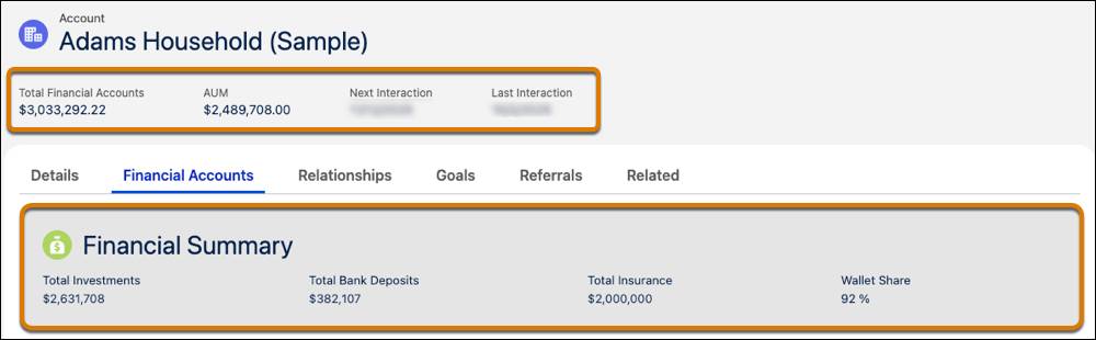 Screenshot of the Adams Household’s financial summary in the Financial Accounts tab of household record.