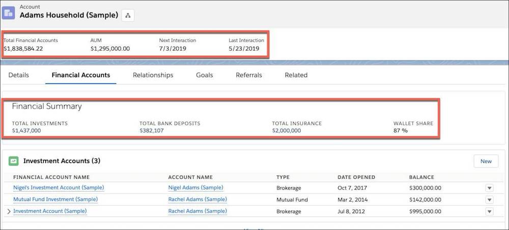 Screenshot of the Adams Household’s financial summary in the Financial Accounts tab of household record.