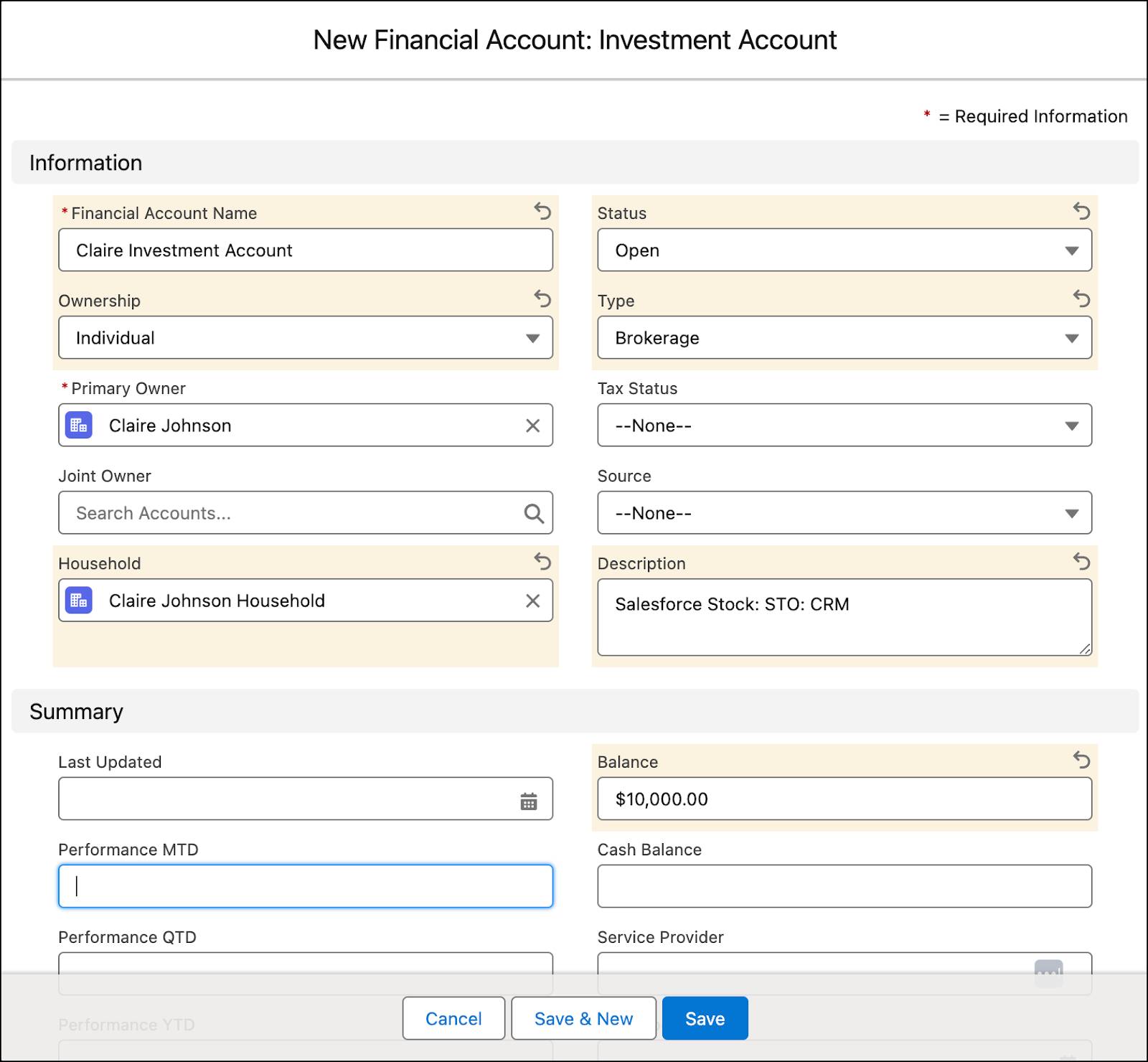 The New Financial Account: Investment Account page with some details for Claire’s Investment Account entered