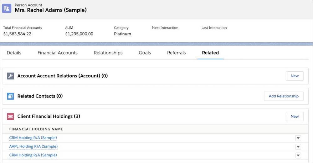 Capture d’écran montrant les actifs financiers de Rachel dans Salesforce et Apple