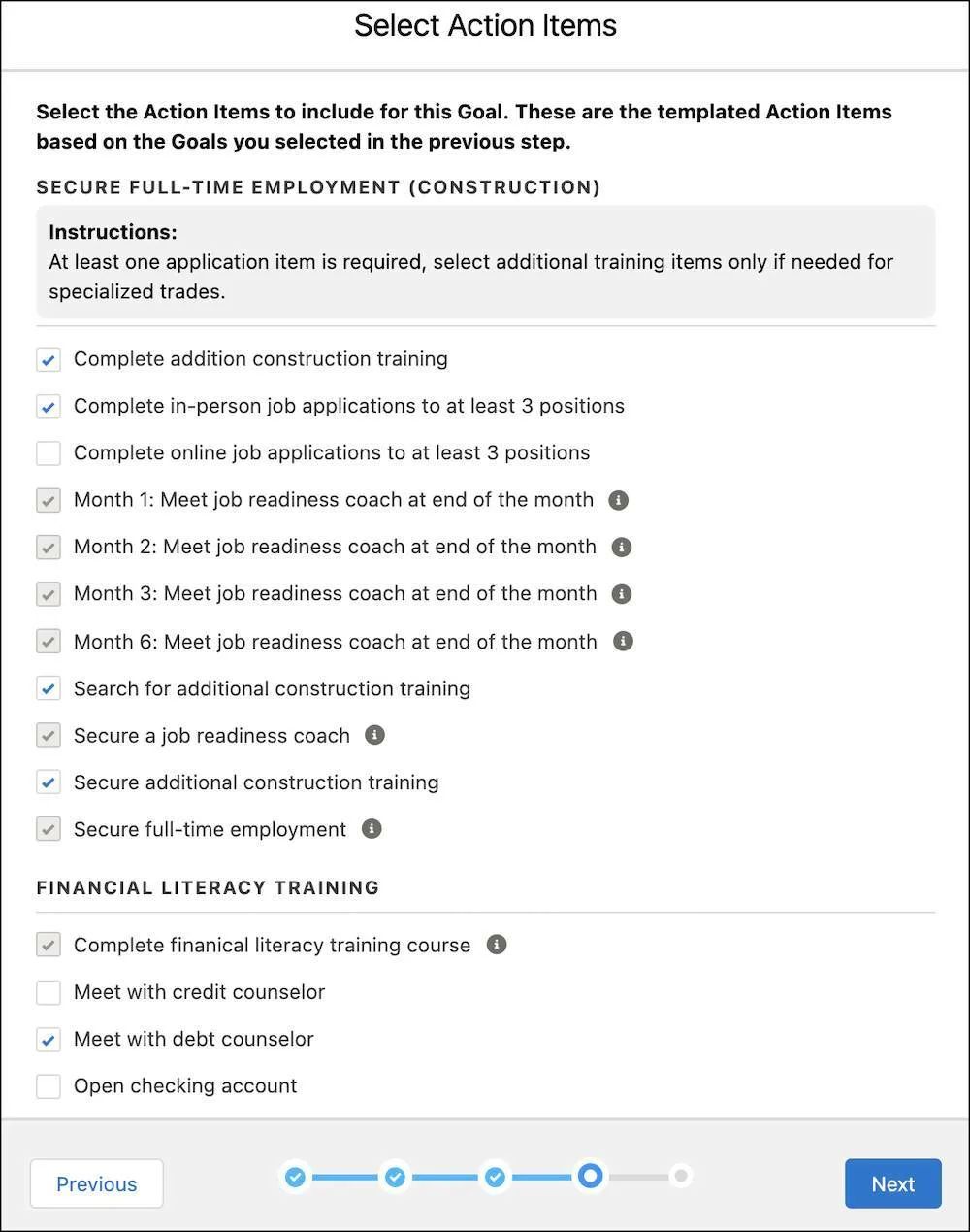 The Select Action Items prompt in the case plan wizard with a few action items selected