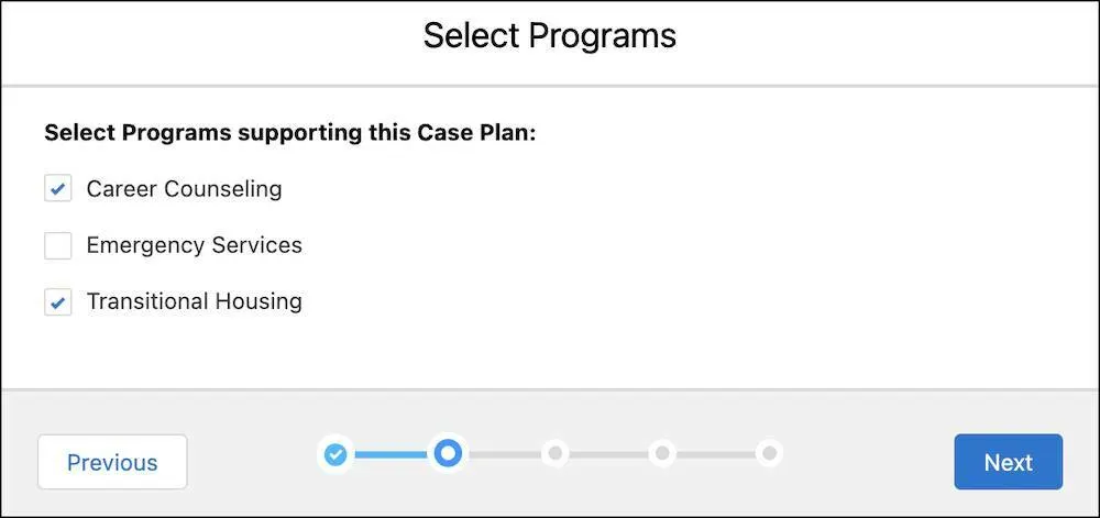 The second step in the case plan wizard, Select Programs, with the Transitional Housing and Career Counseling programs selected