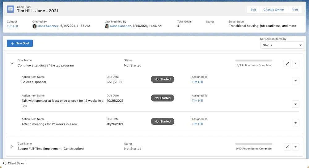 Tim’s case plan with template and custom goals and action items