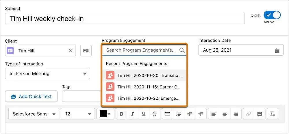 The Search Program Engagements picklist in a weekly check-in note, with Recent Program Engagements open to select from