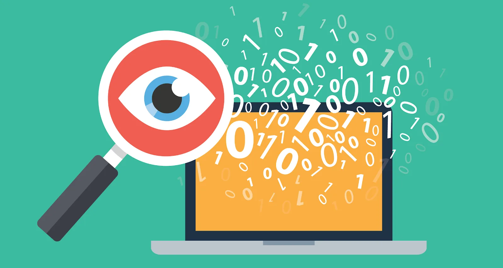 A huge eye in a magnifying glass looking at traffic flowing across computer systems, symbolized by a stream of 1s and 0s