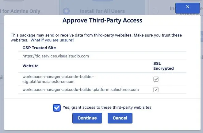 The Approve Third-Party Access window listing visualstudio.com and salesforce.com for third-party access.