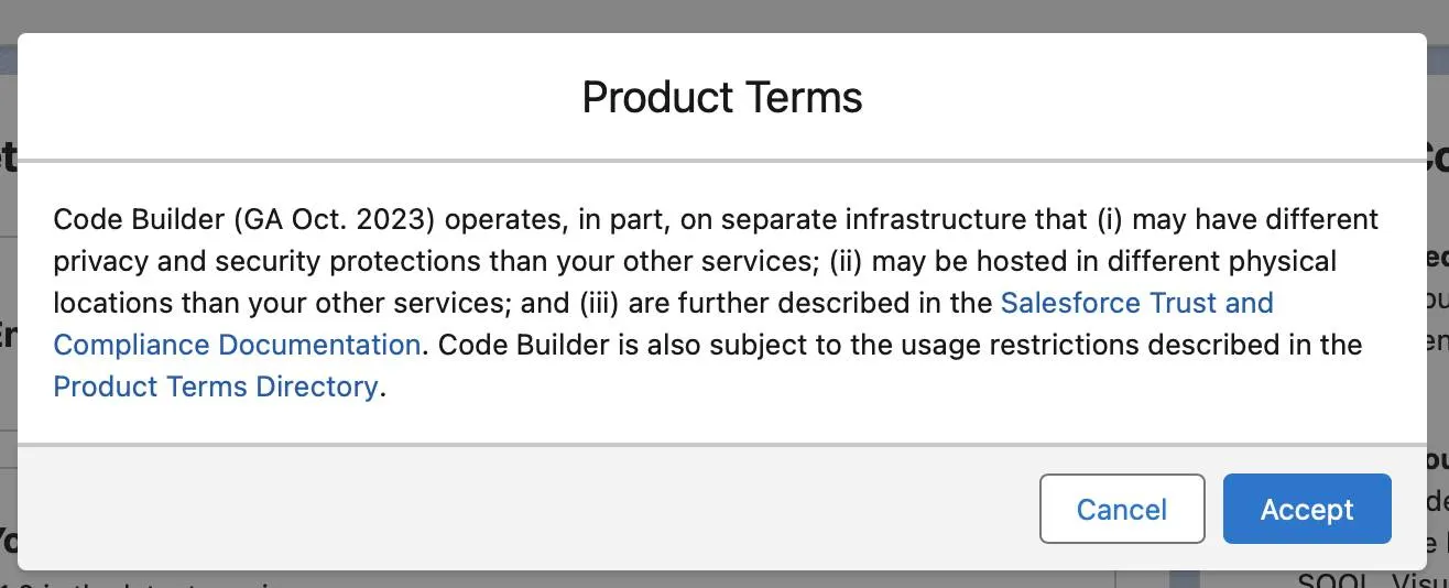 Product Terms window with a Cancel button and an Accept button.