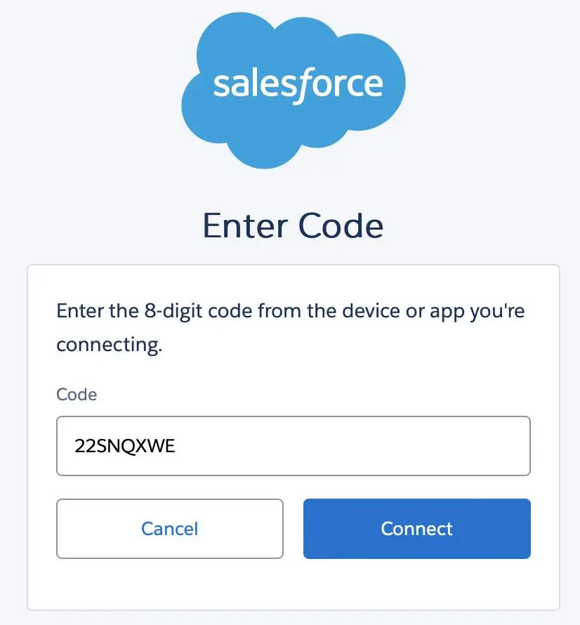 The Enter Code window displays the Code field pre-populated with a code, a Cancel button, and a Connect button.