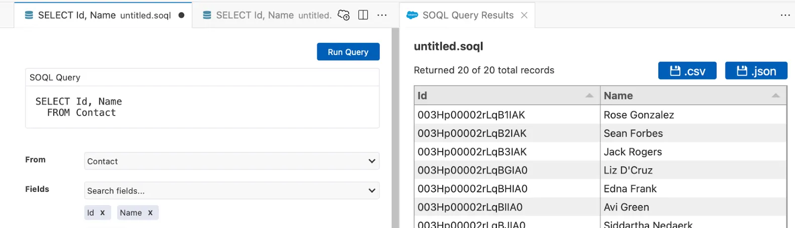 SOQL Builder shows the query and the Id and Name of each record returned by running the query.