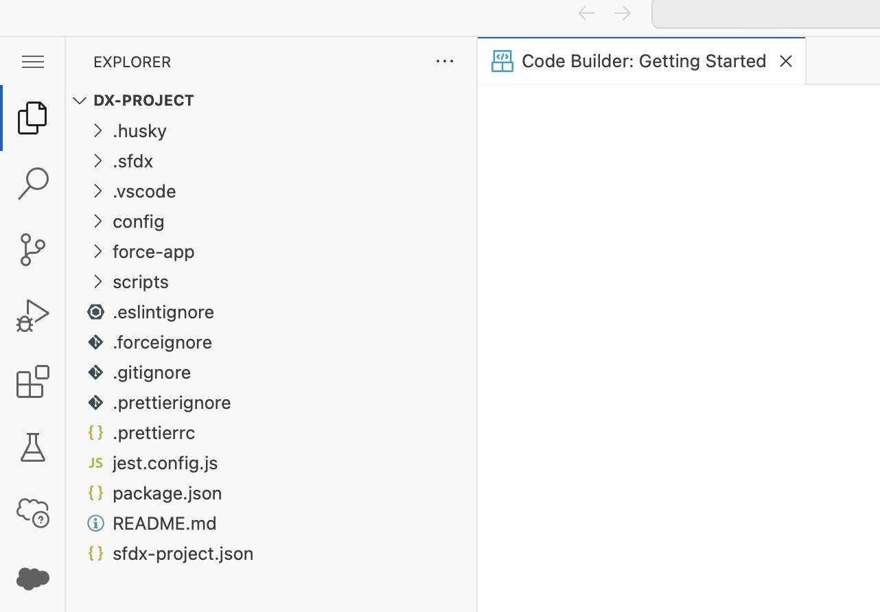 Code Builder displaying the project file structure and Activity Bar.