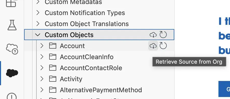 Code Builder’s org browser with Custom Objects open showing the Account object.